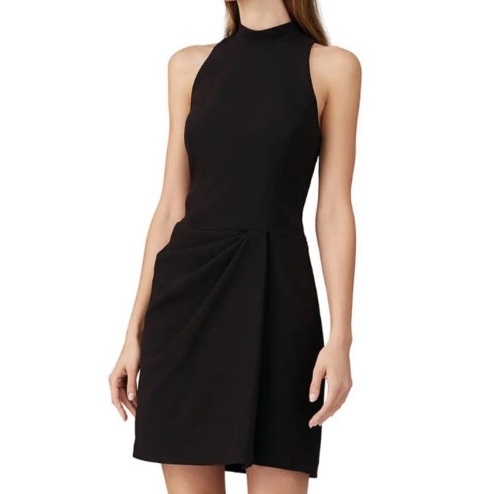 NWT HALSTON Mock Neck Drape Front Dress Size 2Black Solid LBD Cocktail Mock Neck